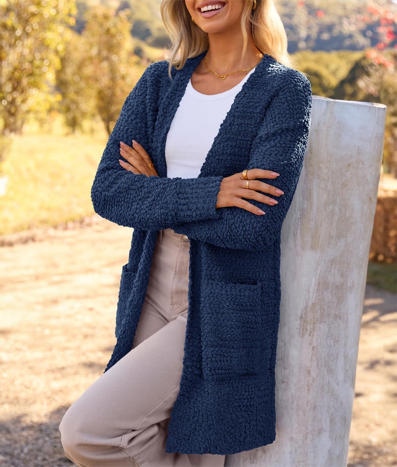 MEROKEETY Women's 2025 Winter Long Sleeve Soft Chunky Knit Sweater Open Front Cardigan Outwear Coat Navy - Image 3